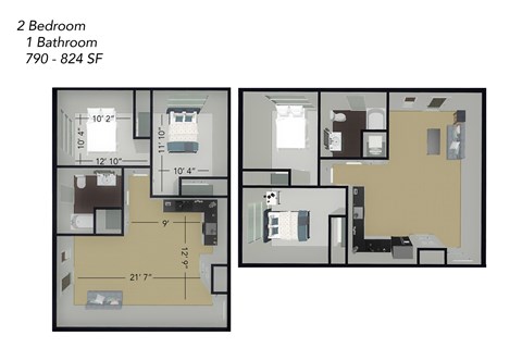 Floor plan for 2 beds, 1 bath, 790 sqft